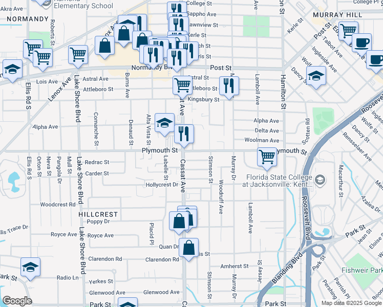 map of restaurants, bars, coffee shops, grocery stores, and more near 1201 Cassat Avenue in Jacksonville