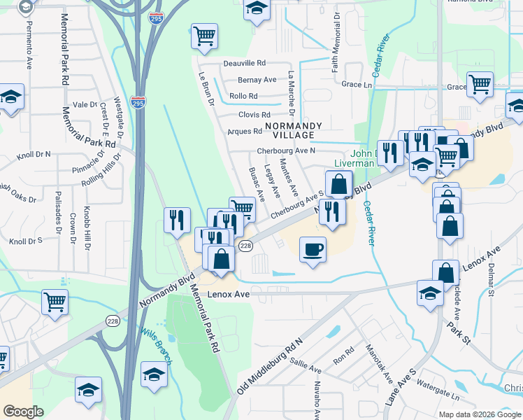 map of restaurants, bars, coffee shops, grocery stores, and more near 1155 Le Brun Drive in Jacksonville