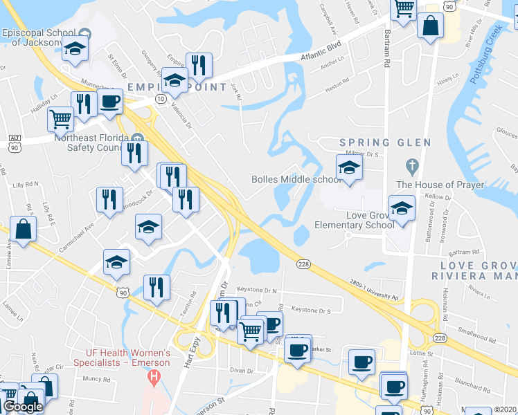 map of restaurants, bars, coffee shops, grocery stores, and more near 5010 Thorden Road in Jacksonville