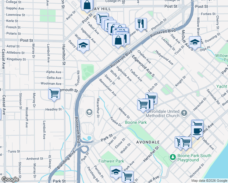 map of restaurants, bars, coffee shops, grocery stores, and more near 1280 Rensselaer Avenue in Jacksonville