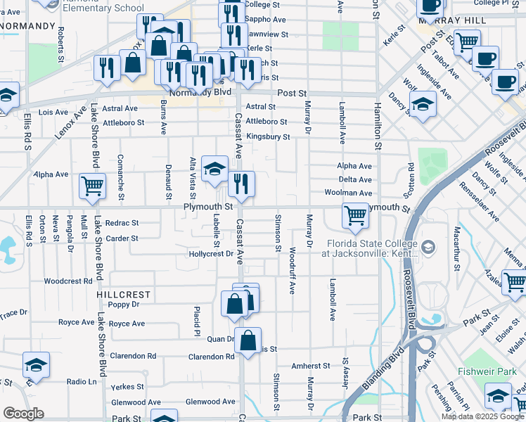 map of restaurants, bars, coffee shops, grocery stores, and more near 4826 Plymouth Street in Jacksonville