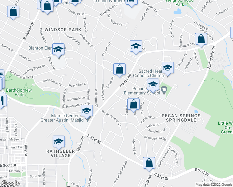 map of restaurants, bars, coffee shops, grocery stores, and more near 5511 Manor Road in Austin