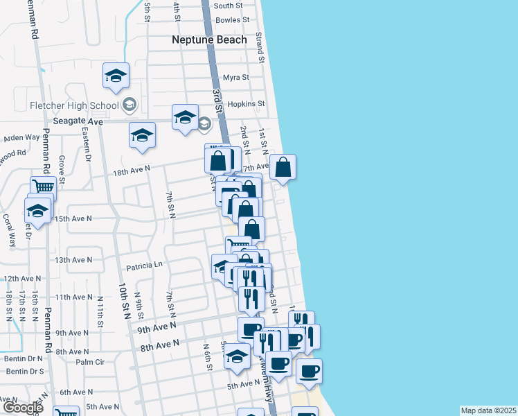 map of restaurants, bars, coffee shops, grocery stores, and more near 122 15th Avenue North in Jacksonville Beach