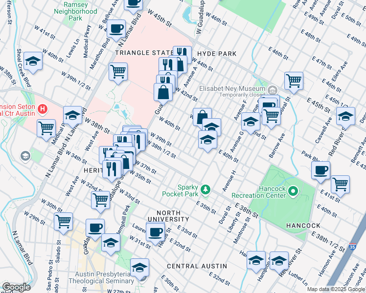 map of restaurants, bars, coffee shops, grocery stores, and more near 3905 Avenue C in Austin