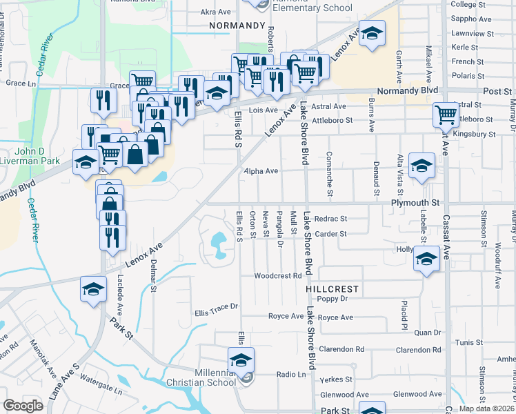 map of restaurants, bars, coffee shops, grocery stores, and more near 5558 Plymouth Street in Jacksonville
