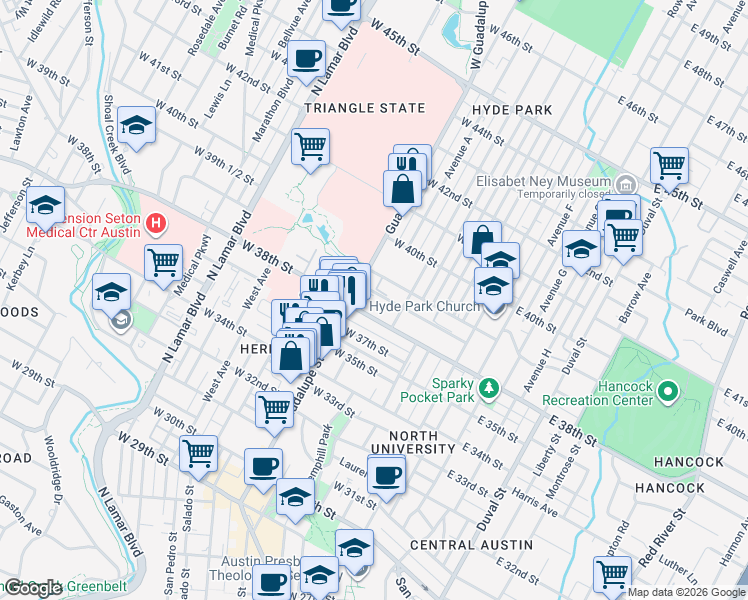 map of restaurants, bars, coffee shops, grocery stores, and more near 3815 Guadalupe Street in Austin