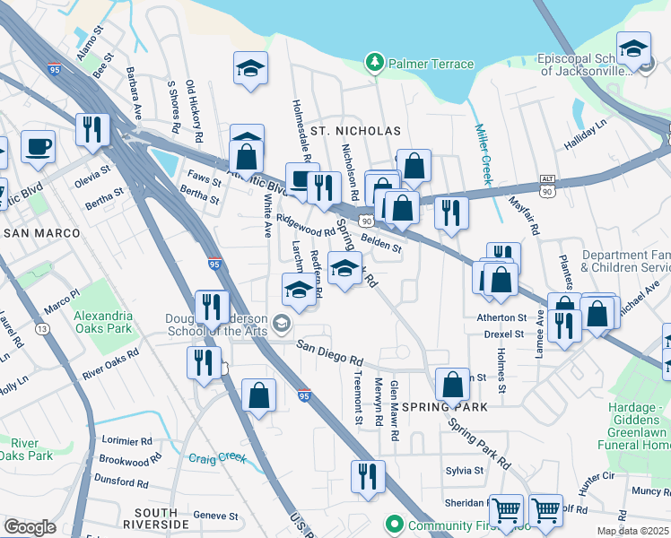 map of restaurants, bars, coffee shops, grocery stores, and more near 2165 Bedford Rd in Jacksonville