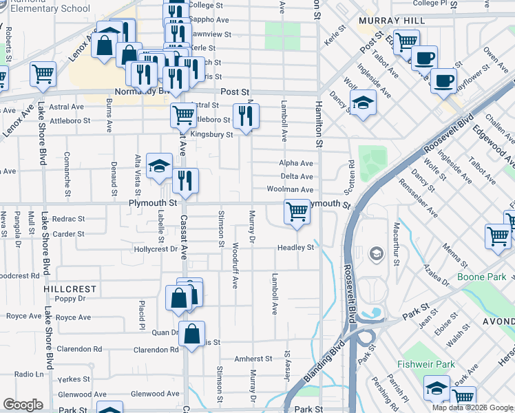 map of restaurants, bars, coffee shops, grocery stores, and more near 4678 Plymouth Street in Jacksonville