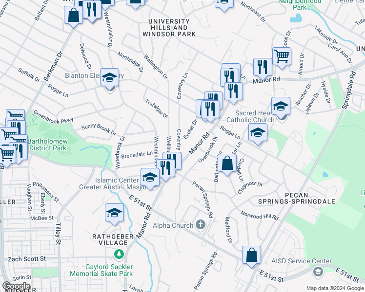 map of restaurants, bars, coffee shops, grocery stores, and more near 5411 Coventry Lane in Austin