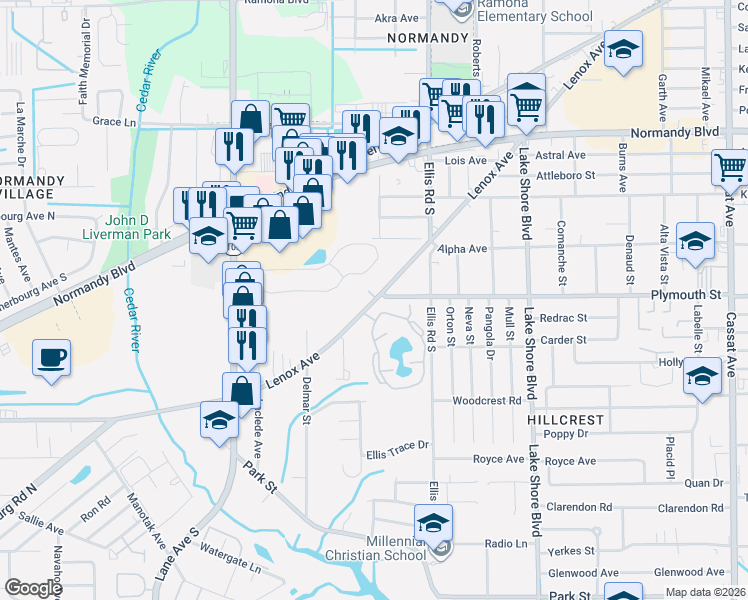 map of restaurants, bars, coffee shops, grocery stores, and more near 5699 Lenox Avenue in Jacksonville