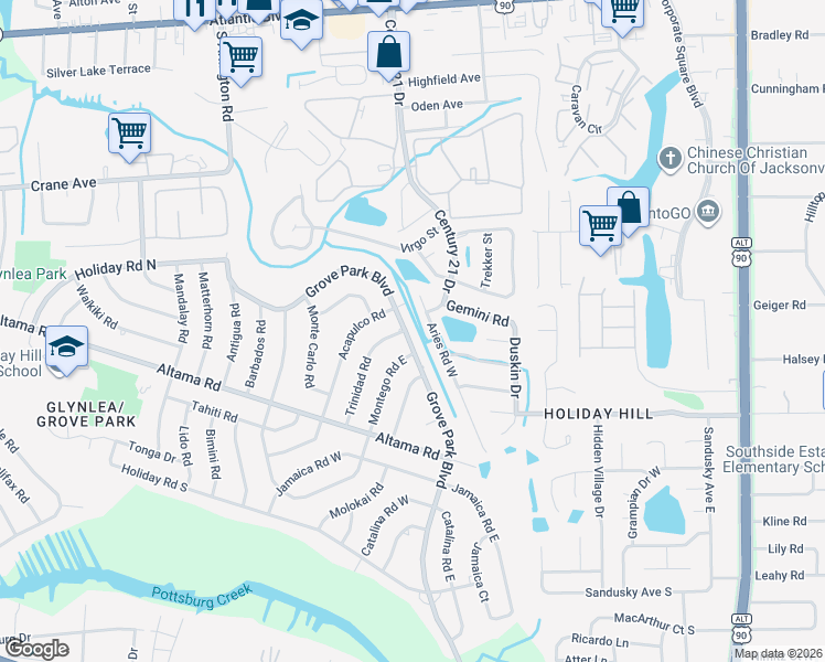 map of restaurants, bars, coffee shops, grocery stores, and more near 801 Grove Park Boulevard in Jacksonville
