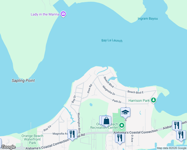 map of restaurants, bars, coffee shops, grocery stores, and more near 5370 Magnolia Circle in Orange Beach