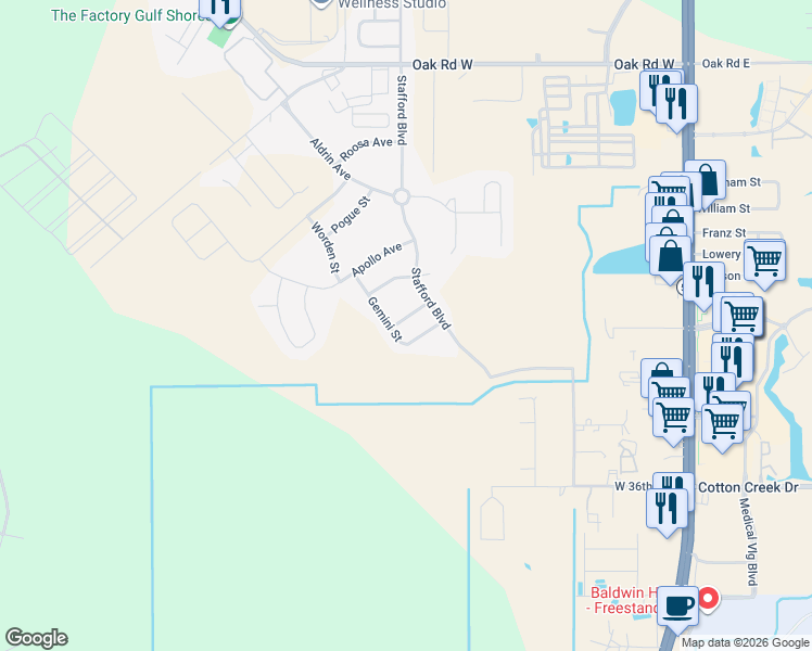 map of restaurants, bars, coffee shops, grocery stores, and more near Haise Lane in Baldwin County