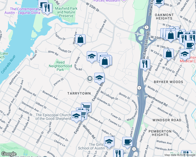 map of restaurants, bars, coffee shops, grocery stores, and more near 2702 Hillview Green Lane in Austin