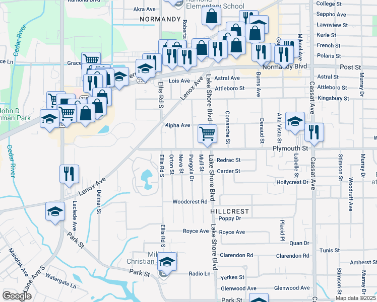 map of restaurants, bars, coffee shops, grocery stores, and more near 5512 Plymouth Street in Jacksonville