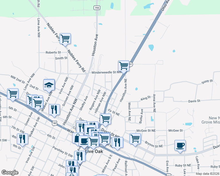 map of restaurants, bars, coffee shops, grocery stores, and more near 701 Brown Avenue Northwest in Live Oak