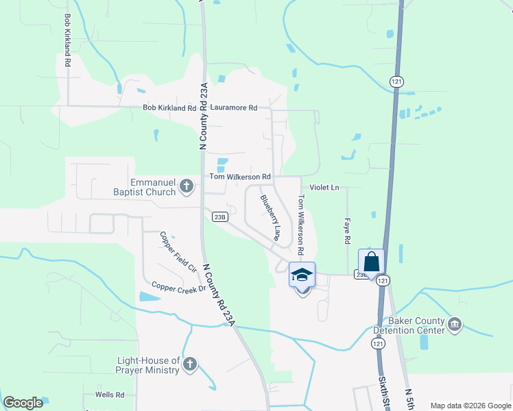 map of restaurants, bars, coffee shops, grocery stores, and more near 11796 Blueberry Lane in Macclenny