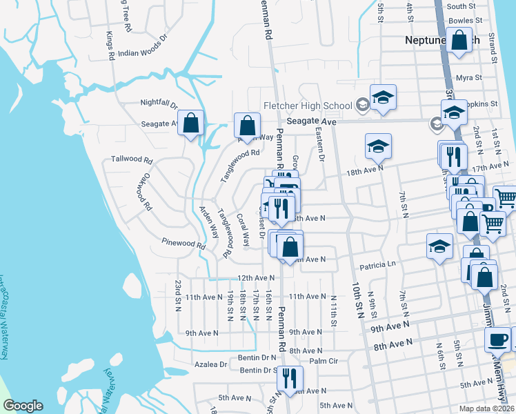 map of restaurants, bars, coffee shops, grocery stores, and more near 1624 Sunset Drive in Jacksonville Beach