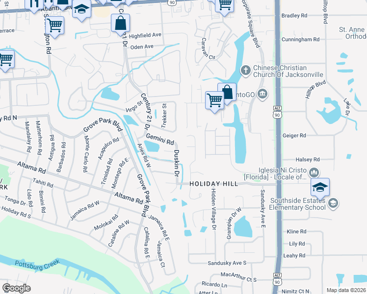 map of restaurants, bars, coffee shops, grocery stores, and more near 8706 Buzz Court in Jacksonville
