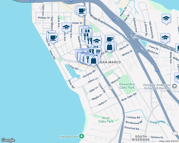 map of restaurants, bars, coffee shops, grocery stores, and more near 1021 Sorrento Road in Jacksonville