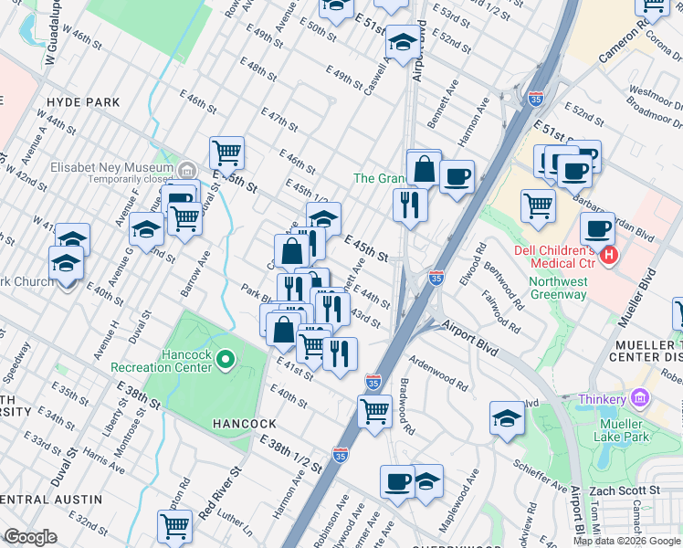 map of restaurants, bars, coffee shops, grocery stores, and more near 1006 East 44th Street in Austin