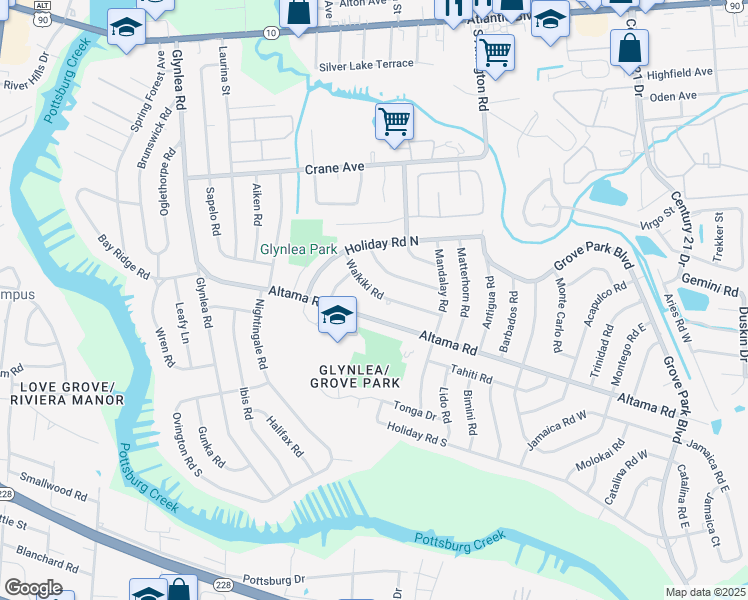 map of restaurants, bars, coffee shops, grocery stores, and more near 6942 Waikiki Road in Jacksonville