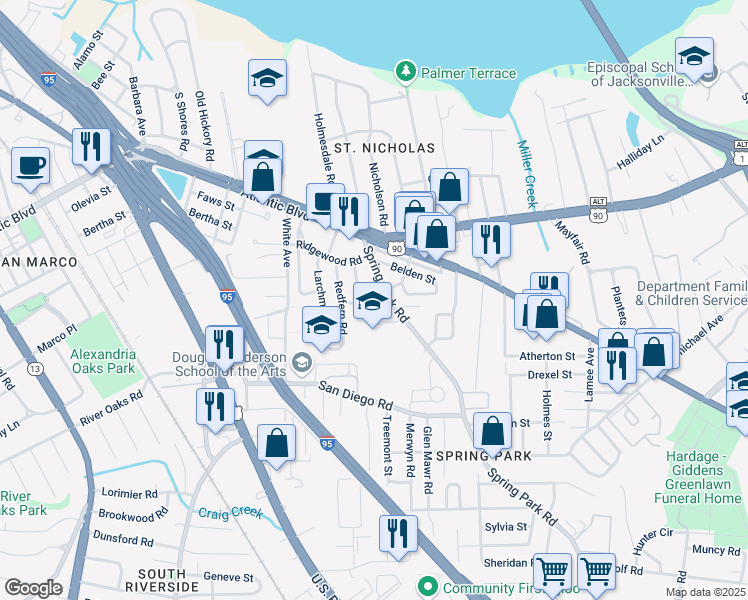 map of restaurants, bars, coffee shops, grocery stores, and more near 2165 Bedford Road in Jacksonville