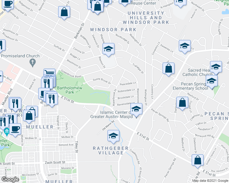 map of restaurants, bars, coffee shops, grocery stores, and more near Waterbrook Dr & Robinsdale Ln in Austin