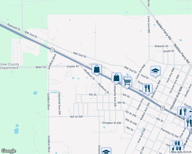 map of restaurants, bars, coffee shops, grocery stores, and more near 1440 Madison Street Southwest in Live Oak