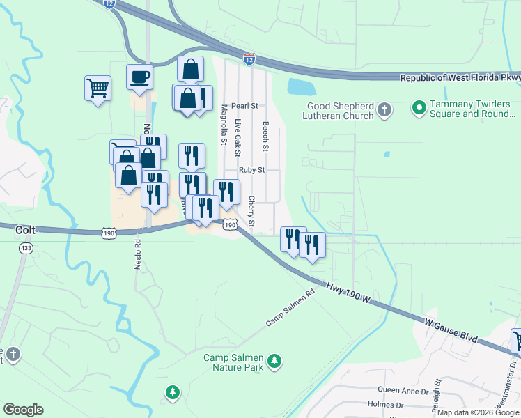 map of restaurants, bars, coffee shops, grocery stores, and more near 104-106 Emerald Street in Slidell
