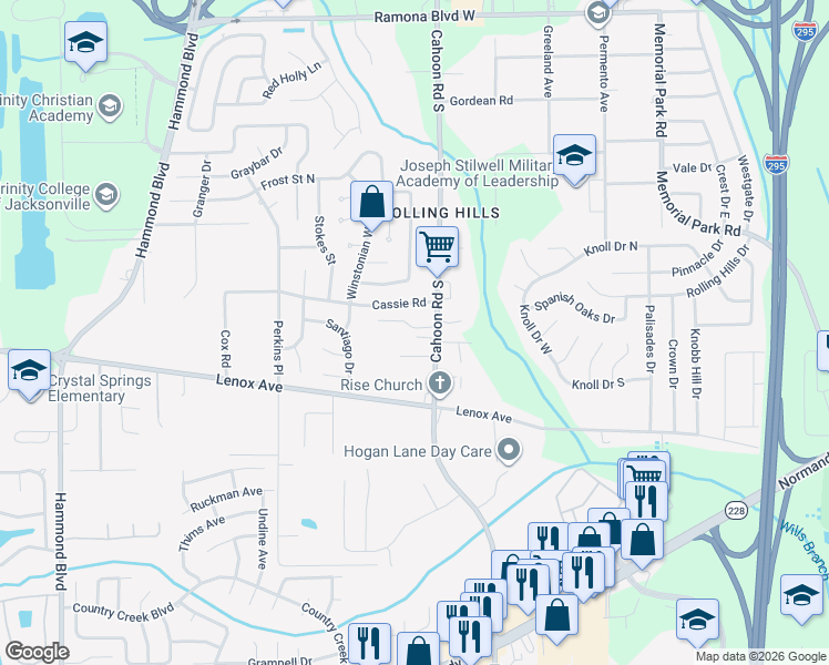 map of restaurants, bars, coffee shops, grocery stores, and more near 1182 Cahoon Road South in Jacksonville