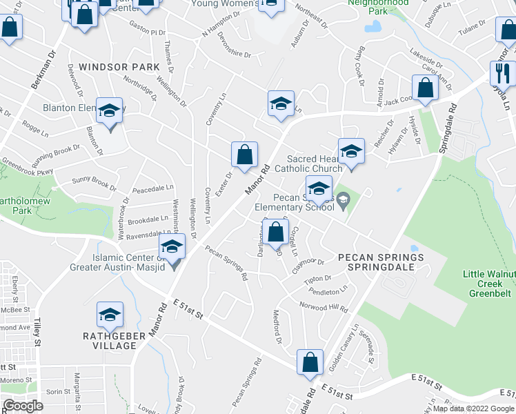 map of restaurants, bars, coffee shops, grocery stores, and more near 5601 Overbrook Drive in Austin