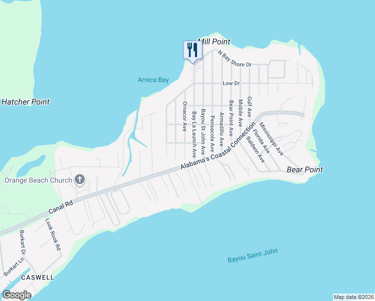 map of restaurants, bars, coffee shops, grocery stores, and more near 5316 Ornacor Avenue in Orange Beach