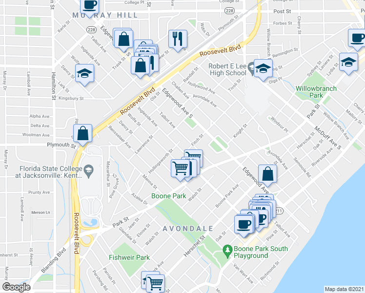 map of restaurants, bars, coffee shops, grocery stores, and more near 1385 Ingleside Avenue in Jacksonville