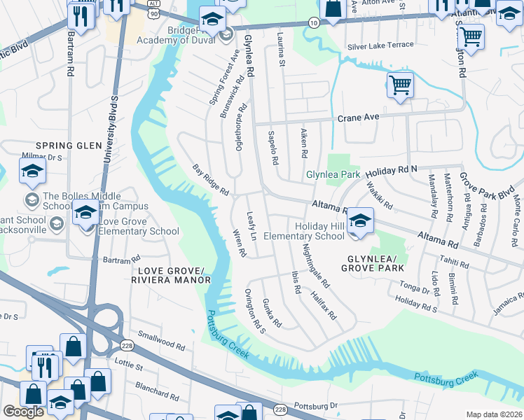 map of restaurants, bars, coffee shops, grocery stores, and more near 732 Glynlea Road in Jacksonville
