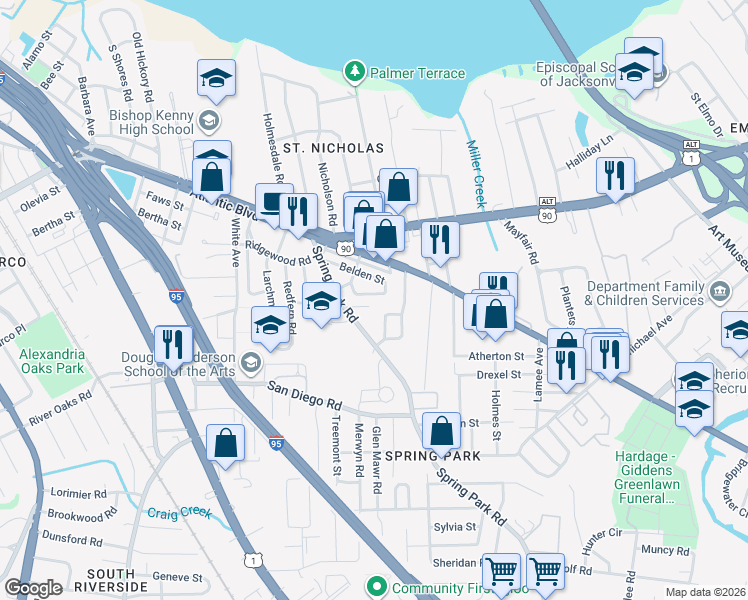 map of restaurants, bars, coffee shops, grocery stores, and more near 3160 Belden Circle in Jacksonville