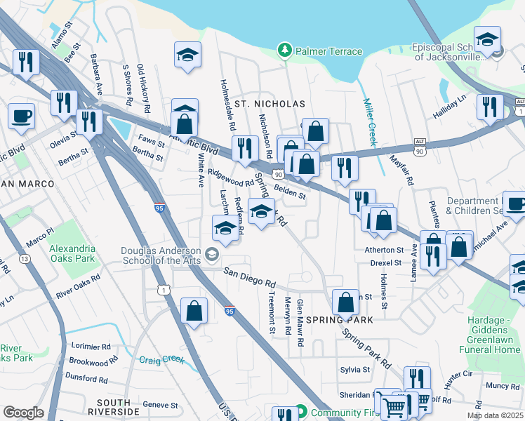map of restaurants, bars, coffee shops, grocery stores, and more near 2165 Bedford Road in Jacksonville