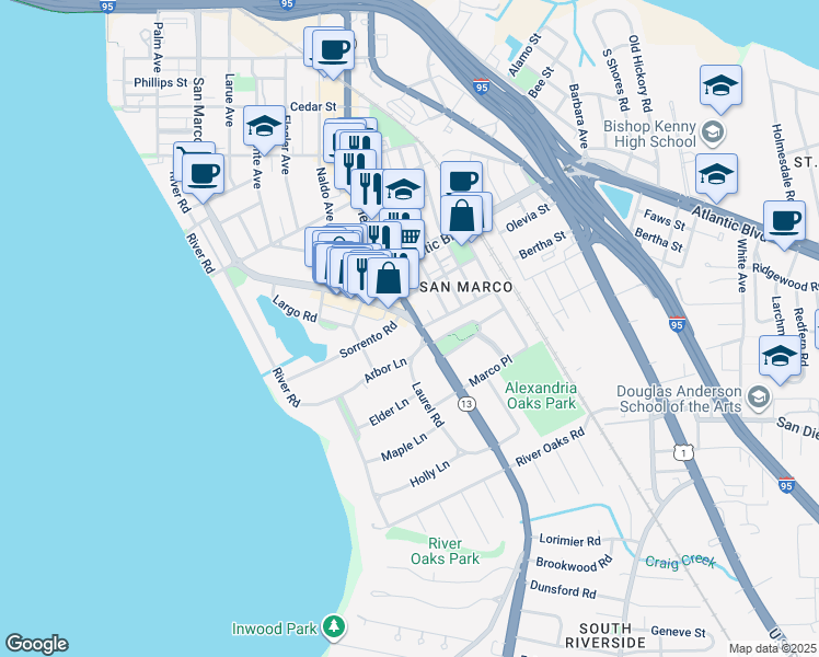 map of restaurants, bars, coffee shops, grocery stores, and more near 2130 San Marco Boulevard in Jacksonville