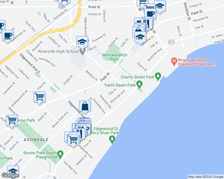 map of restaurants, bars, coffee shops, grocery stores, and more near 1634 Donald Street in Jacksonville