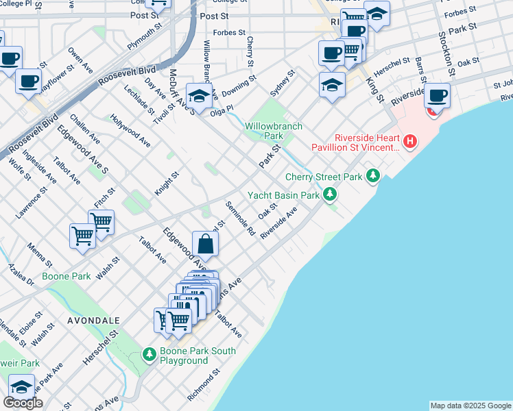map of restaurants, bars, coffee shops, grocery stores, and more near 3125 Herschel Street in Jacksonville