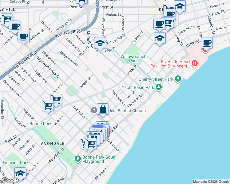 map of restaurants, bars, coffee shops, grocery stores, and more near 1516 Seminole Road in Jacksonville