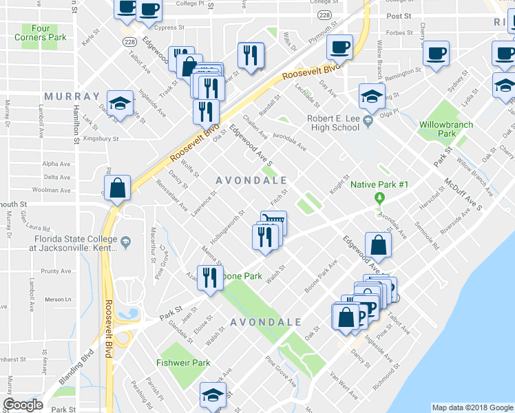 map of restaurants, bars, coffee shops, grocery stores, and more near 1377 Ingleside Avenue in Jacksonville
