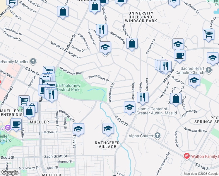 map of restaurants, bars, coffee shops, grocery stores, and more near 2017 Singing Brook in Austin
