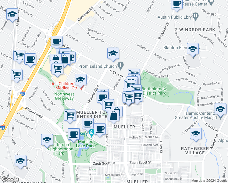 map of restaurants, bars, coffee shops, grocery stores, and more near 2401 Aldrich Street in Austin