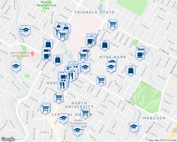 map of restaurants, bars, coffee shops, grocery stores, and more near 305 West 39th Street in Austin