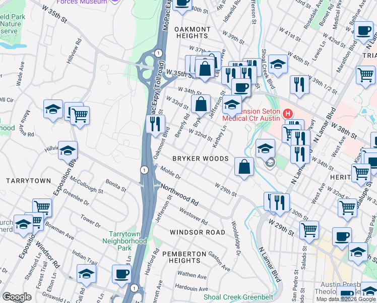 map of restaurants, bars, coffee shops, grocery stores, and more near 1704 West 30th Street in Austin