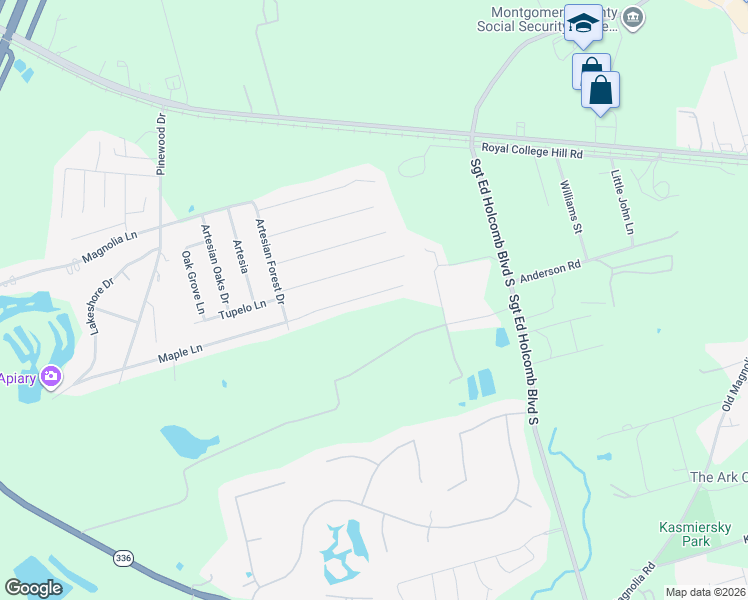 map of restaurants, bars, coffee shops, grocery stores, and more near 219 Maple Lane in Conroe