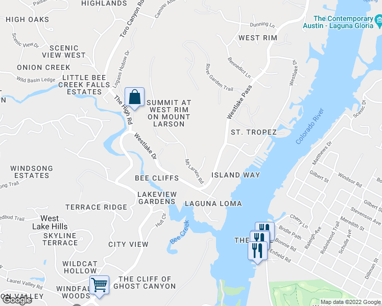 map of restaurants, bars, coffee shops, grocery stores, and more near 1415 Mount Larson Road in Austin