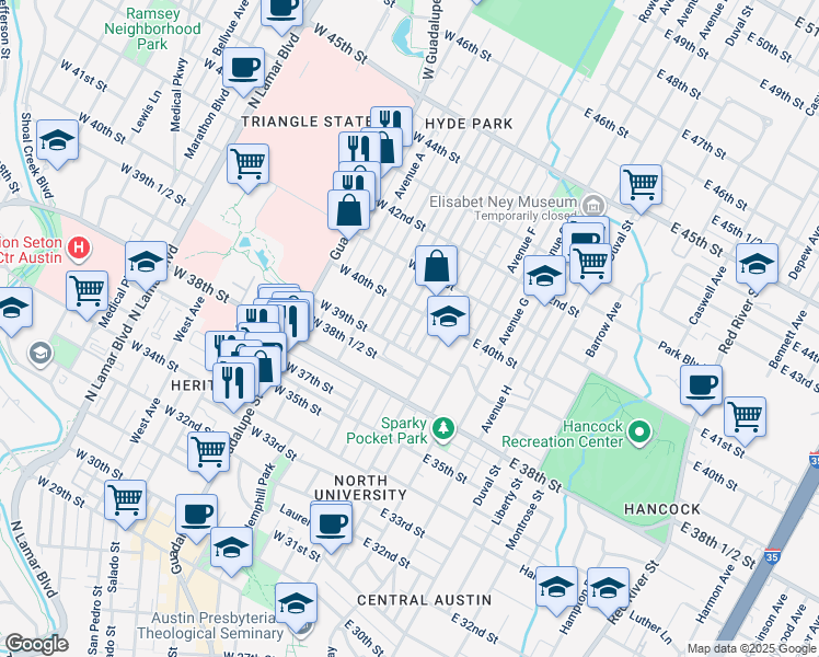 map of restaurants, bars, coffee shops, grocery stores, and more near 3906 Avenue D in Austin