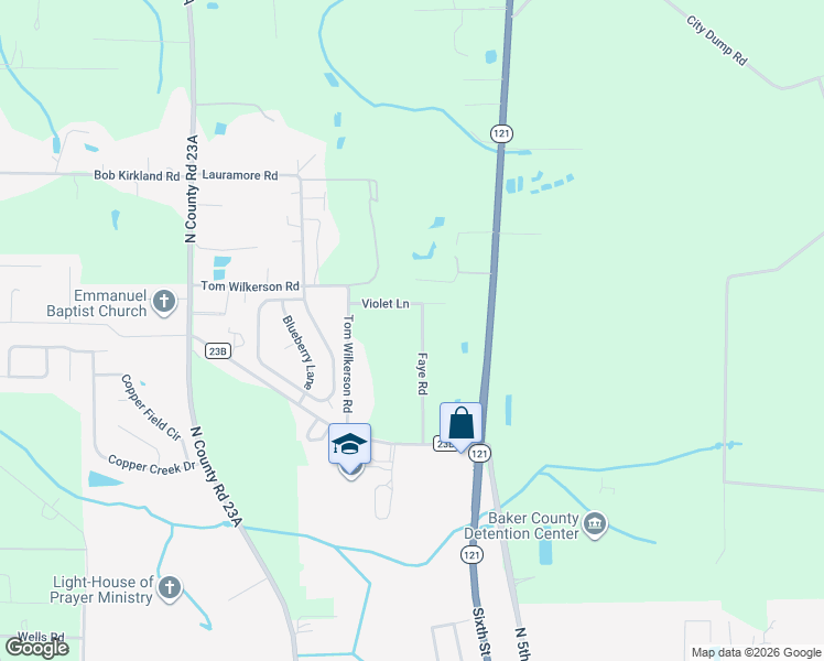 map of restaurants, bars, coffee shops, grocery stores, and more near 5214 Violet Lane in Macclenny